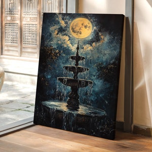 Moonlit Fountain Art | Ethereal Night Sky Canvas | Cascading Waterfalls with Illuminated Moonlight | Mystical Outdoor Decor