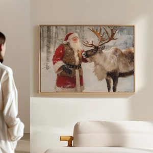 Impressão de arte de parede em tela rústica de rena do Papai Noel pronta para pendurar, decoração de arte de parede em tela de Natal em casa de fazenda, Natal, Cottagecore
