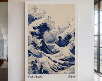 Japanese Wave Art Canvas – Yasuragi Tranquility Print With Blue