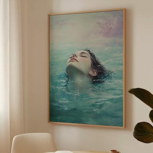 Tranquil Woman Floating in Water – Serene Oil Painting Wall Art, Calming Aqua Tones, Modern Minimalist Home Decor