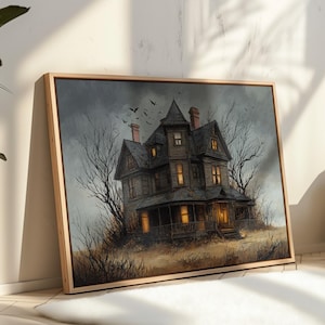 Haunted House Wall Art Print, Spooky Victorian Mansion Illustration, Halloween Gothic Decor, Creepy Dark Horror Home Poster