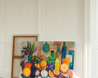 Vibrant Kitchen Still Life | Colorful Fruit and Bottle Wall Art