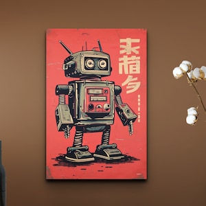 Dibujos animados de robots de Fallout atómico estilo década de 1950, arte robótico, arte de pared de lienzo de retrato listo para colgar, arte de la década de 1950, arte colorido