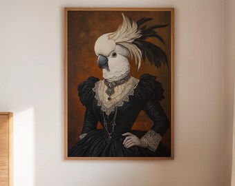 Könnte beinhalten: Ein gerahmtes Porträt eines weißen Kakadus in einem schwarzen Kleid mit hohem Kragen und Spitzendetails. Das Kunstwerk hat eine Vintage-Ästhetik, mit einem braunen Hintergrund und einem Holzrahmen. Der Vogel ist mit einer Halskette geschmückt.
