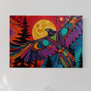 Tribal Raven Wall Art – Bold Indigenous Spirit Bird Canvas with Full Moon and Forest, Native Style Totemic Eagle in Vivid Colors