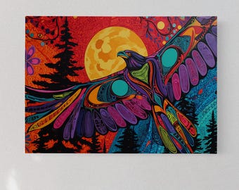 Stammes-Raben-Wandkunst - mutige indigene Vogel-Leinwand mit Vollmond und Wald, Totemadler im einheimischen Stil in lebendigen Farben
