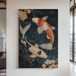 Japanese Koi Fish Canvas Art - Yin-Yang Symbolism with Floral Elegance, Serene Wall Decor for Zen and Asian-Inspired Spaces