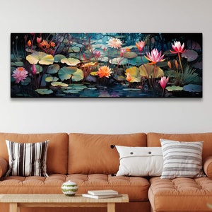Panoramic Lilly Pond With Colorful Flowers Canvas Wall Art