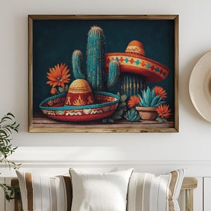 Cactus and Sombrero Canvas Art | Colorful Mexican Fiesta Decor