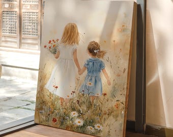 Canvastavla med systrar som håller hand | Barnrumstryck med vildblommor | Poster med lantlig flicka | Vintage blommig sovrumsdekor med systrar