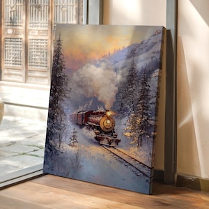 Vintage Train in Snowy Mountain Landscape - Winter Steam Engine Canvas Wall Art for Rustic and Nostalgic Home Decor
