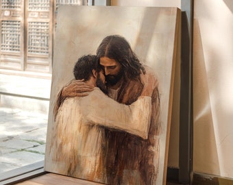 Lienzo de Jesús abrazando a un hombre: arte de pared cristiano inspirador, obra de arte sobre el perdón y el amor, decoración religiosa para el hogar, regalo fiel