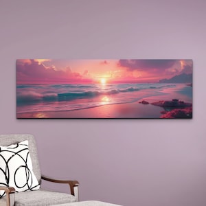 Coastal Wall Art, Sunset Beach Wrapped Canvas Print Seascape Sky And Sea Beach Scene Art Ocean Beach Sky Art Decor Panoramic, Ready To Hang