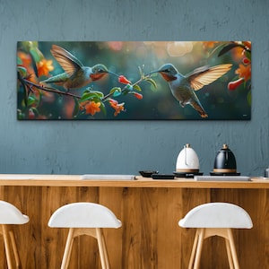 Hummingbirds Sipping Nectar Canvas Art Print, Bird Canvas Art, Colorful Wall Decor, Home Decor, Livingroom Art, Panoramic Ready To Hang