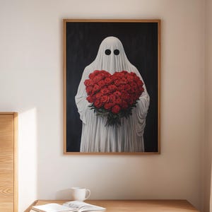 Lienzo de fantasma de San Valentín espeluznante / Fantasma gótico con ramo de rosas en forma de corazón / Arte de pared romántico, espeluznante y lindo para una estética embrujada