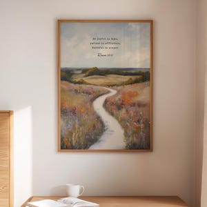 Römer 12:12 Bibel Vers Leinwand Wandkunst | Freudig in Hoffnung Christian Decor | Inspirierender Schrift-Landschaftsdruck