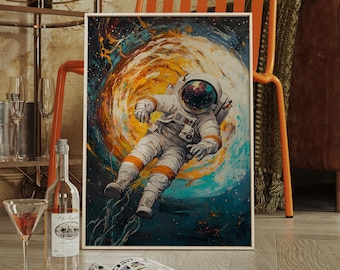 Astronaut Canvas Wall Art – Vibrant Space Painting with Swirling Galaxy Vortex and Floating Astronaut for Sci-Fi or Modern Decor
