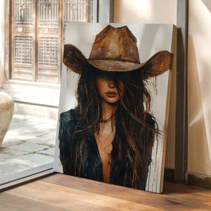 Cowgirl Wandkunst - Western Frau mit braunem Hut - Rustikale Bauernhaus Wanddekoration