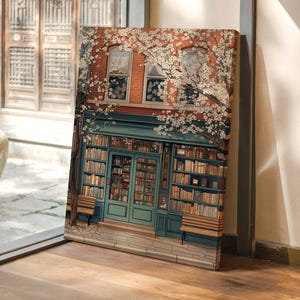 Charming Bookstore Canvas Wall Art | Vintage Spring Bookshop Illustration with Blossoms | Cozy Literary Lover Home Decor