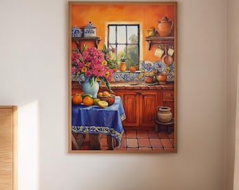 Mexican Kitchen Wall Art with Blue Tiles and Citrus, Vibrant Rustic Canvas for Hacienda Style or Spanish-Inspired Home Decor