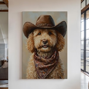 Cowboy Dog Canvas Print, Western Rustic Farmhouse Decor, Country Goldendoodle Wall Art, Funny Dog Portrait, Rodeo Pet Painting
