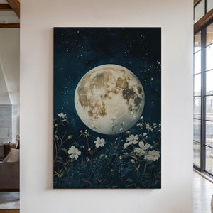 Full Moon Floral Canvas Wall Art – Night Sky with White Wildflowers and Golden Accents for Ethereal Nature-Inspired Decor