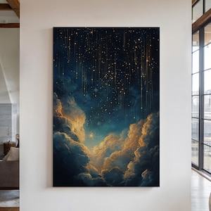 Celestial Sky Canvas Wall Art - Glowing Clouds, Golden Starfall, and Night Sky for Dreamy Home Decor and Cosmic Wall Accent