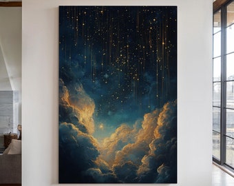 Himmlischer Himmel Leinwand Wandkunst - Glühende Wolken, goldener Sternenfall und Nachthimmel für verträumte Wohnkultur und kosmischen Wandakzent