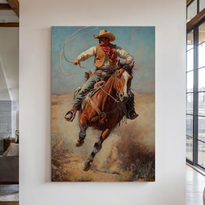 Cowboy Lassoing Horse Canvas, Western Rodeo Wall Art, Rustic Ranch Decor, Wild West Cowboy Painting, Vintage Cowboy Print