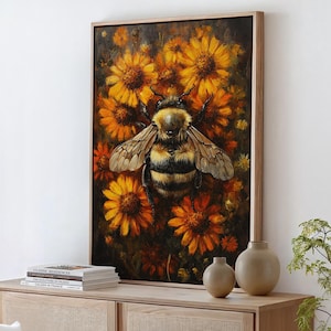 Bumblebee Canvas Art | Vibrant Yellow and Orange Flowers | Nature-Inspired Wall Decor | Pollinator Artwork for Home | Wildlife Painting