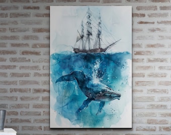 Whale & Pirate Ship Watercolor Ready To Hang Canvas Wall Art Print, Nursery Watercolor Canvas Wall Art, Whale Art