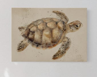 Neutral Sea Turtle Watercolor Canvas | Coastal Ocean Animal Art in Tan Earth Tones | Beach House Nautical Decor with Minimalist Vibe