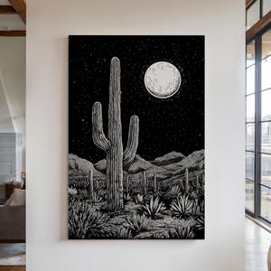 Saguaro Kaktus Mond Wüste Leinwand Kunst, Schwarz und Weiß Southwestern Wand dekor, Nachthimmel Landschaft Poster