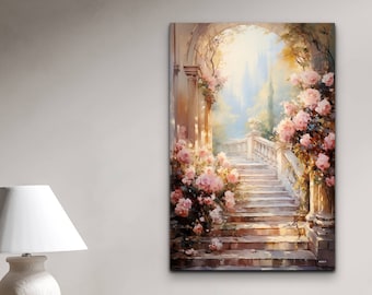 May include: A painting of a stone staircase leading up to a garden with pink flowers and a white archway. The painting is done in a realistic style with soft colors.