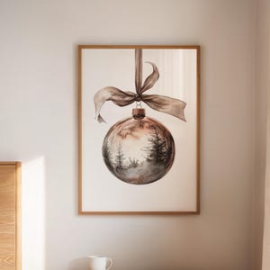 Vintage Forest Reflection Ornament Wall Art – Sepia Christmas Ball with Pine Trees, Rustic Holiday Decor Illustration Print