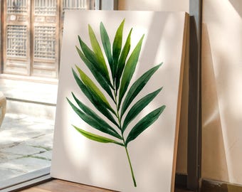 Stampa acquerello con foglie di palma verde, decorazione murale botanica tropicale per un arredamento minimalista moderno, atmosfera lussureggiante da giungla per spazi abitativi naturali.