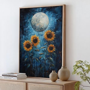 Moonlit Sunflowers Canvas Art | Dramatic Floral Painting with Starry Blue Night Sky | Rustic Botanical Wall Decor for Home or Office