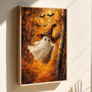 Whimsical Ghost Witch Canvas Wall Art - Autumn Forest Scene with Bats and Enchanting Fall Vibes