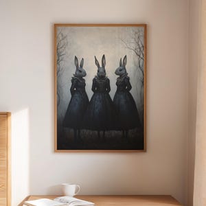 Gothic Rabbit Art Print, Surreal Bunnies in Victorian Dresses, Dark Whimsical Animal Portrait, Creepy Forest Canvas Wall Decor