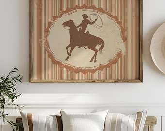Vintage Cowboy Silhouette Art | Western Rodeo Horse and Lasso Print