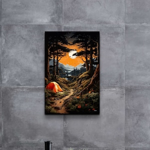 Vintage Campfire Forest Wall Art Canvas Nature Canvas Print Retro Style Artwork Tent In The Woods