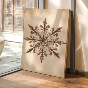 Intricate Floral Snowflake – Vintage Floral Design Snowflake on Rustic Background, Winter Canvas Art