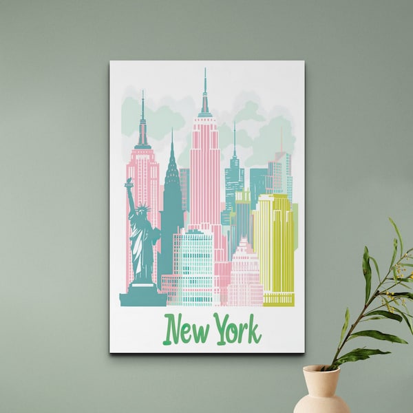 New York City Retro Travel Canvas Wall Art Print, Empire State Building Painting, Vintage Midcentury Modern Wall Art. Unframed Ready To Hang