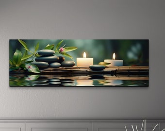 Zen Rocks, Candles & Water Canvas Wall Art Print, Original Art, Calming Wall Art, Panoramic Wall Art