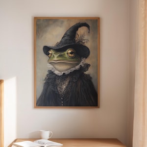 Frog Witch Canvas Art – Whimsical Frog in Gothic Witch Hat and Lace, Vintage Halloween Anthropomorphic Wall Decor for Animal Lovers