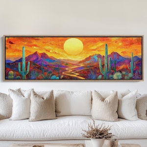 Vibrant Desert Sunset Canvas Art | Bold Cactus and Mountain Landscape | Southwest Wall Art Print | Colorful Desert Decor Poster