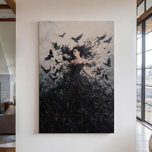 Ethereal Woman with Black Ravens Canvas Wall Art - Gothic Fantasy Decor - Dark and Mysterious Artistic Poster