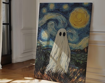 Whimsical Ghost Starry Night Canvas Art - Spooky Van Gogh-Inspired Wall Decor, Halloween Ghost Painting for Unique Spaces