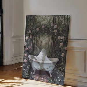 Mystical Forest Bathtub Scene with Floral Arch and Ghostly Figure Canvas Wall Art for Unique and Magical Home Decor