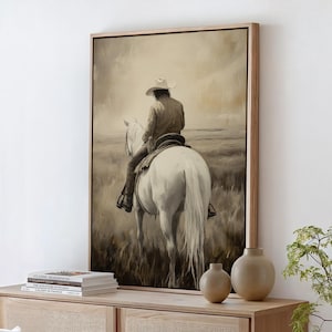 Vintage Cowboy on White Horse Canvas Art, Rustic Western Wall Decor, Farmhouse Style Cowboy Print for Ranch or Cabin